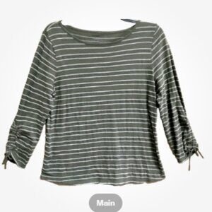 Talbots Women Size L Pullover Top Blouse Cotton Knit Olive Green White Striped